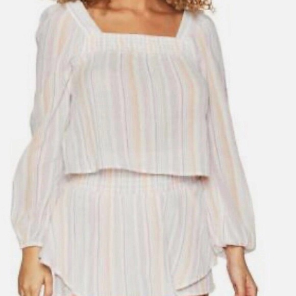 NWT BCBGeneration Womens Striped Smocked Top Shirt Sz Large Square‎ Neck Peasant - Picture 1 of 11